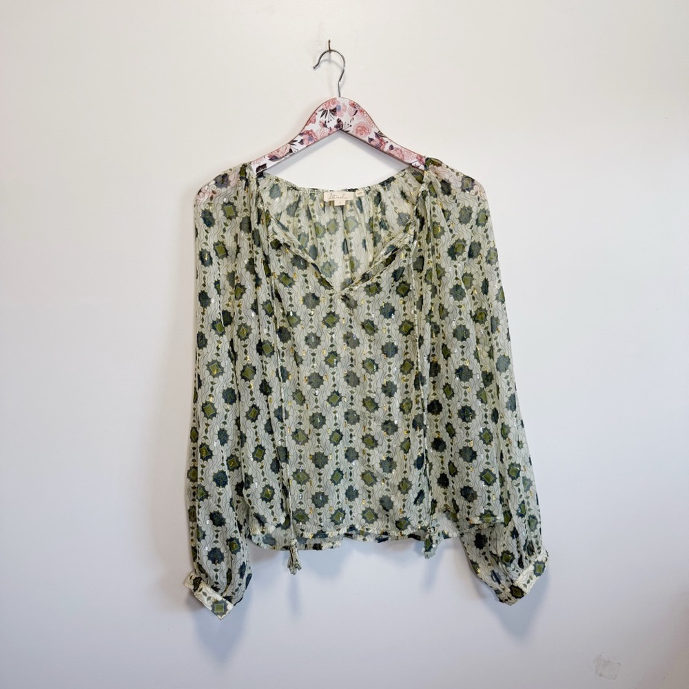 Anthropologie LET ME BE Green & Gold Sheer Tassel Tie Blouse Top Size S Small